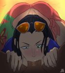 1boy 1girl 1girl ass bird black_hair blue_shirt blush deepthroat dimples_of_venus erection fellatio fingernails fingers floral_print flower glasses glasses_on_head green_eyes hair_slicked_back long_hair looking_down lowleg male male/female nico_robin no_panties one_piece open_clothes open_shirt oral outside penis pink_skirt revealing_clothes sarong shirt short_sleeves side_slit skirt sky solo_focus sunglasses_on_head top-down_bottom-up veins veiny_penis