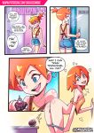  1girl ass comic female female_human holding_poke_ball indoors kasumi_(pokemon) misty mostly_nude orange_hair pokeball pokemon pussy shorts shorts_down skajrzombie taking_off_clothes undressing 