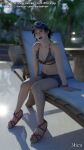 alluring bikini hat miharu_hirano mura_tpg namco sandals shorts sitting star_shaped_sunglasses sunglasses swimming_pool tekken tekken_tag_tournament_2