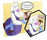  1girl aged_up ambiguous_gender anthro big_breasts big_thighs bigger_female bimbo_lips blue_sweater breast_feeding breast_squeeze breasts closed_eyes female_anthro frisk frisk_(undertale) goat_mom goatmilf goatmom huge_breasts human jamearts kiss_mark kissing lactation larger_anthro larger_female lipstick milf nursing onomatopoeia saliva sexy smaller_anthro thick_lips toriel undertale undertale_(series) wide_hips yellow_skin 