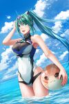 1girl 1girl :d alluring aqua_eyes aqua_hair ball bare_arms bare_shoulders beachball big_breasts bird blue_sky breasts character_name cloud cloudy_sky competition_swimsuit covered_navel day female_focus fingernails hair_between_eyes happy high_ponytail high_res long_hair matching_hair/eyes nintendo ocean one-piece_swimsuit open_mouth outside pneuma_(xenoblade) ponytail redpoke seagull sky smile spoilers swimsuit teeth thighs tiara tora_(xenoblade_2) very_long_hair wading water xenoblade_(series) xenoblade_chronicles_2