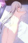  1girl alternative_hairstyle ass back bare_back bare_knees bare_legs bed blush drawing_error emilia_(re:zero) exposed_shoulders fanart fanart_from_pixiv female_only grey_hair hair_down high_resolution indoors knees legs long_hair looking_at_viewer looking_back lying lying_on_bed nude nude_female on_bed on_stomach pixiv pixiv_id_56006815 pointy_ears purple_eyes re:zero_kara_hajimeru_isekai_seikatsu room sexy_pose solo_female topless_female very_high_resolution white_hair 