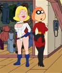 american_dad ass bodysuit boots breasts cameltoe crossover family_guy francine_smith gloves lois_griffin nipples power_girl_(cosplay) thighs