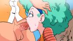  1boy 1girl afro amber_eyes aqua_eyes aqua_hair blue_eyes blue_hair bulma bulma_(afro) bulma_brief clothed clothing curly_hair deepthroat desert diadem dragon_ball dragon_ball_z eye_contact gif hairband hand_on_head head_grab kneel large_penis light_skin male male/female master_roshi open_mouth oral orange-peel outside penis pleasure_face saliva saliva_trail short_hair skinny sloppy sweat testicle throat_bulge tongue tongue_out 