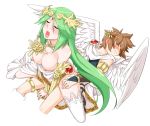 1boy 1girl 1girl angel angel_wings breasts breasts_outside brown_hair closed_eyes clothed clothed_sex clothing eyelashes green_hair hair implied_sex kid_icarus kid_icarus_uprising male male/female moaning nintendo nipples on_back open_mouth palutena pit pit_(kid_icarus) reverse_cowgirl_position sex sweat video_games wings