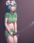  1girl 2018 bleach blue_hair digital_art female_masturbation female_only headgear high_res insertion light-skinned_female light_skin masturbation nelliel_tu_odelschwanck pussy_juice ripped_clothing shounen_jump simple_background solo_female sword sword_in_pussy wet wet_pussy zoryc 