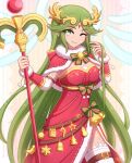 1girl 1girl adapted_costume alluring belt big_breasts breasts christmas enni forehead_jewel goddess green_eyes green_hair high_res kid_icarus laurel_crown legs long_legs multiple_belts nintendo palutena single_thighhigh staff stockings thighs tiara