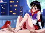 1boy 1girl bishoujo_senshi_sailor_moon blush choker clothed_female_nude_male cum cum_on_foot earrings elbow_gloves erection gloves high_heels high_heels_removed hino_rei legs long_hair male/female outdoor outside painted_toenails panties penis rankerhen red_high_heels red_skirt rei_hino sailor_mars sailor_moon serafuku skirt tiara upskirt white_panties