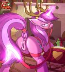  1girl amethyst_star amethyst_star_(mlp) anus ass bridle christmas cutie_mark fake_horns female female_only female_unicorn friendship_is_magic horn indoors kanashiipanda looking_at_viewer my_little_pony nude pony presenting_hindquarters pussy raised_tail sleigh solo standing tail telekinesis unicorn 