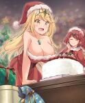  2_girls alluring big_breasts blonde_hair breasts cake chest_jewel christmas cleavage food hat high_res kurokaze_no_sora long_hair multiple_girls mythra nintendo pyra red_hair santa_costume santa_hat short_hair swept_bangs very_long_hair xenoblade_(series) xenoblade_chronicles_2 yellow_eyes 