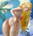 1girl ass bikini blonde_hair blush creatures_(company) female female_human female_only game_freak green_eyes hand_on_ass hand_on_own_ass human humans_of_pokemon jxh33 long_hair looking_at_viewer lusamine_(pokemon) milf mostly_nude nintendo pokemon pokemon_(anime) pokemon_(game) pokemon_sm pokemon_sun_&_moon sideboob solo standing