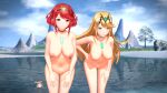  16:9_aspect_ratio 1girl 2_girls 3d big_breasts blonde_hair breasts high_resolution hikari_(xenoblade_2) homura_(xenoblade_2) long_hair looking_at_viewer multiple_girls nia_(xenoblade) nintendo nipples nodusfm nude outside red_hair short_hair smile water xeno_(series) xenoblade_(series) xenoblade_chronicles_2 