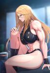  1girl 1girl abs alluring athletic_female big_breasts blonde_hair blue_eyes female_abs fit_female gonzarez high_res light-skinned_female light_skin long_hair metroid midriff nintendo samus_aran thick_thighs 