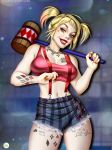 1girl batman_(series) blonde_hair blue_eyes cutoffs dc dc_comics didi_esmeralda grin harley_quinn lipstick makeup midriff navel posing shorts sledgehammer suspenders tattoo tattoos