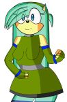 1girl beltskirt bianca_the_hedgehog black_legwear blue_eyes breasts clothes dress edit fan_character gloves green_fur green_hair hairband headband hedgehog leggings looking_at_viewer sega sleeveless smile sonic_(series) sonic_fan_character sonic_fancharacter sonic_oc sonicgalaxy27