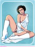 1girl a_new_hope boots breasts female female_human female_only high_heel_boots high_heels human looking_at_viewer lying mostly_nude no_bra no_panties princess_leia_organa pussy star_wars white_boots