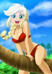 1girl applejack applejack_(mlp) blonde_hair bra braid breasts equestria_girls female female_only freckles friendship_is_magic green_eyes looking_at_viewer mostly_nude my_little_pony outdoor outside panties red_bra red_panties solo uotapo