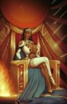 1girl breasts cleavage clothed dark-skinned_female dark_skin devil_hs earrings egyptian egyptian_mythology eyeliner female_only fishnets full_cleavage huge_breasts jewelry kephrys long_legs looking_at_viewer repost sitting stockings text thick_thighs throne watermark white_thighhighs wide_hips