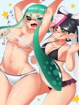  1girl 2_girls agent_3_(splatoon) arms_up big_breasts black_hair blue_eyes blush bra breast_measuring breast_press breasts callie_(splatoon) cephalopod cephalopod_humanoid cleavage duo earrings female female_only green_hair hat humanoid inkling japanese_text licking_lips marine marine_humanoid multiple_girls navel nintendo one_eye_closed open_mouth panties pengin_maru pointy_ears shiny shiny_hair shiny_skin skirt splatoon tentacle_hair text thick_thighs thighs yellow_eyes yuri 