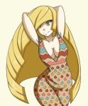 1girl bare_shoulders blonde_hair cleavage cleavage_cutout clothed dress female female_human female_only green_eyes hands_behind_head hcitrus human long_hair lusamine pokemon solo white_background