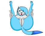  1girl 5_toes anus bangs barefoot blue_eyes blue_fur blue_hair breasts double_v fan_character grey_skin ice_crystal_the_fox long_hair looking_at_viewer nude princess pussy sega sonic_(series) sonic_fan_character sonic_fancharacter sonic_oc sonicgalaxy27 speech_bubble tail tattoo toe_scrunch toes v 