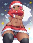 1girl agent_8_(splatoon) black_legwear black_panties black_thighhighs blue_eyes blush blushing breasts cameltoe cephalopod cephalopod_humanoid christmas christmas_outfit clothing dark-skinned_female dark_skin female female_only gloves hat huge_breasts humanoid legwear looking_at_viewer marine marine_humanoid midriff miniskirt navel nintendo octoling panties pencil_skirt pengin_maru red_skirt santa_costume santa_hat shiny shiny_skin skirt smile solo solo_female splatoon splatoon_2 standing thick_thighs thighhighs thighs tight_skirt under_boob upskirt viewed_from_below