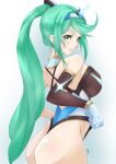 1girl 1girl alluring ass back big_breasts breasts competition_swimsuit deekei elbow_gloves from_behind frontal_wedgie gem gloves green_eyes green_hair hair_ornament headpiece high_res jewelry long_hair matching_hair/eyes nintendo one-piece_swimsuit pneuma_(xenoblade) ponytail sideboob signature smile spoilers swept_bangs swimsuit thighs tiara very_long_hair wedgie xenoblade_(series) xenoblade_chronicles_2