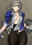 1girl 1girl alluring aqua_eyes areola areola_slip big_breasts blonde_hair bob_cut breasts cameltoe cassandra_alexandra gloves green_eyes hairband kansuke nipple_slip nipples no_bra open_clothes open_shirt pantyhose shield shirt silf soul_calibur soulcalibur_iii voluptuous