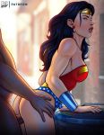 1girl ass bent_over bracers dark-skinned_male dark_skin dc dc_comics earrings female from_behind interracial looking_back male male/female pumpkinsinclair sex standing taken_from_behind tiara trash_can vaginal vaginal_penetration wonder_woman wonder_woman_(series)