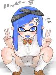  1girl amboomoon bangs blue_eyes blue_hair blunt_bangs blush bottomless bow breasts double_v hairclip inkling inkling_girl long_hair school_uniform solo_female solo_focus splatoon splatoon_(series) spread_legs tentacle tentacle_hair tongue tongue_out v 