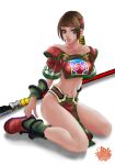  1girl alluring bare_shoulders brown_eyes brown_hair headband hot lips looking_at_viewer midriff navel seong_mi-na seung_mina sexy sitting soul_calibur soul_calibur_ii soul_calibur_iii soulcalibur_iii voluptuous xuexue_yue_hua 