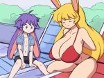 1boy 1girl bikini bouncing_breasts breasts bunny_ears erection erection_under_clothes gif huge_breasts massive_breasts original original_character paulgq undressing