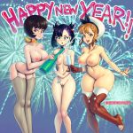 3_girls atelier atelier_ryza crossover female_only jucika marnie_(pokemon) new_year nintendo pokemon pokemon_ss supersatanson