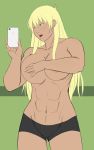 1girl abs applejack bike_shorts blonde_hair eve-ashgrove friendship_is_magic green_eyes hand_bra hasbro humanized long_hair muscle muscular_female my_little_pony selfpic smartphone solo_female solo_focus