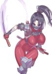  1girl alluring arm_guards armor bandage bandaged_arm bandages bangs big_breasts black_hair bodysuit breasts covered_erect_nipples covered_navel hair_ornament hair_stick high_ponytail high_res holding holding_sword holding_weapon kunoichi ninja parted_bangs purple_eyes red_bodysuit reverse_grip shoulder_armor skin_tight soul_calibur soul_calibur_ii soul_calibur_iii soul_calibur_vi soulcalibur soulcalibur_vi sword taki_(soulcalibur) thigh_gap thighs voluptuous weapon yagi2013 