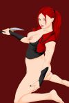 1girl big_breasts blank_background bottomless breasts echiigo female_focus female_only kira kira_(mortal_kombat) kneel knife legs midway_games mortal_kombat mortal_kombat_deception naked_from_the_waist_down pigtails red_background red_hair solo_focus