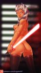 1girl ahsoka_tano alien_girl ass female female_alien female_only kagato007 lightsaber looking_at_viewer mostly_nude no_bra no_panties sideboob solo standing star_wars stockings togruta