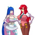  2_girls axel-rosered big_breasts blue_eyes blue_hair breasts cleavage crossover female_only long_hair panty_&amp;_stocking_with_garterbelt red_hair simple_background stocking_(psg) stocking_anarchy tengen_toppa_gurren-lagann two_tone_hair white_background yellow_eyes yoko_littner 