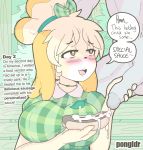 1girl 2019 animal_crossing anthro balls big_breasts blush bodily_fluids breasts canid canine canis choker clothed clothing cum cum_on_food dialogue digital_media_(artwork) domestic_dog duo english_text erection food food_play fur furry genital_fluids hair handjob humanoid_penis isabelle_(animal_crossing) jewelry male male/female mammal necklace nintendo open_mouth outside penile penis pongldr public sex shih_tzu simple_background smile solo_focus text tongue toy_dog video_games yellow_body yellow_fur