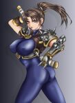 1041_(toshikazu) 1girl alluring armor ass bad_anatomy big_breasts bodysuit breasts brown_eyes brown_hair covered_erect_nipples kunoichi long_hair looking_at_viewer ninja no_mask ponytail skin_tight soul_calibur soul_calibur_ii soul_calibur_iii soulcalibur_iii standing taki taki_(soulcalibur) voluptuous