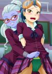 2_girls 2girls assisted_exposure bespectacled blush breasts classroom clothed earrings equestria_girls female female_only friendship_is_magic glasses green_panties indigo_zap indoors lifted_by_another my_little_pony nude panties school_uniform skirt skirt_lift standing sugarcoat uotapo