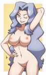  1girl alluring artist_name artist_request breasts creatures_(company) elite_four_(kanto_region) female female_human female_only game_freak hairless_pussy hand_behind_head human human_only humans_of_pokemon karen_(pokemon) karin_(pokemon) long_hair looking_at_viewer nintendo nude one_eye_closed pokemon pokemon_(anime) pokemon_(game) porkyman pussy silver_blue_eyes silver_blue_hair solo standing 