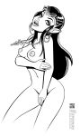 1girl arwen arwen_undomiel black_hair breasts covering_crotch elf female female_elf female_only hackman23 long_hair looking_at_viewer lord_of_the_rings monochrome nude pointy_ears solo