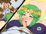 1boy 1girl 1girl afrobull angel angel_wings ass ass blue_eyes blush brown_hair cum cum_on_face ejaculation green_hair hair hands_on_head headgear high_res kid_icarus kid_icarus_uprising licking male male/female nintendo open_mouth palutena penis penis_lick penis_out pit pit_(kid_icarus) pool speech_bubble text tongue tongue_out veiny_penis wings