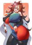 1girl android android_21 android_21_(human) blue_eyes brown_hair clothing dragon_ball dragon_ball_fighterz dragon_ball_super dragon_ball_super:_super_hero dragon_ball_z:_kakarot female_only glasses huge_breasts hyper_breasts long_hair milf seductive seductive_look sexy_pose thick tongue vomi_(dragon_ball)