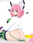 1girl 2020 ass female female_human game_freak human jinu klara_(pokemon) looking_back nintendo pokemon pokemon_ss simple_background sitting slowpoke stockings thong thong_pull