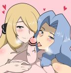  1boy 2_girls 2girls alluring blonde_hair blush creatures_(company) cynthia_(pokemon) elite_four_(kanto_region) erection female_human game_freak hair_over_one_eye hirokadzu huge_breasts human humans_of_pokemon imminent_fellatio karen_(pokemon) karin_(pokemon) long_hair looking_at_viewer male/female nintendo penis pokemon pokemon_(anime) pokemon_(game) pokemon_black_2_&amp;_white_2 pokemon_black_and_white pokemon_bw pokemon_bw2 pokemon_diamond_pearl_&amp;_platinum pokemon_dppt porkyman shirona_(pokemon) silver_blue_eyes silver_blue_hair 