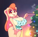 1girl anthro apron apron_only big_breasts breasts christmas christmas_tree clothing cookie food furry high_res holidays lagomorph leporid looking_at_viewer mammal mature_female mostly_nude naked_apron nitro open_mouth plate rabbit smile sonic_(series) sonic_the_hedgehog_(series) steam thick_thighs tree vanilla_the_rabbit wide_hips