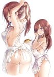 1girl apron armpits arms_up ass big_breasts blue_eyes breasts brown_hair food go-toubun_no_hanayome hadaka_apron hair_ornament hair_ribbon hair_tie_in_mouth high_resolution holding holding_plate large_ass long_hair looking_at_viewer looking_back mouth_hold multiple_views nakano_miku naked_apron omurice open_mouth plate ribbon saya_(mychristian2) simple_background tying_hair very_high_resolution white_apron white_background