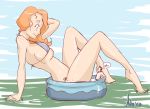 1boy 1girl bikini fair_skin freckles giantess green_eyes huge_breasts long_hair looking_down looking_up mistressadaira orange_hair outside pool size_difference swimming_pool swimsuit wading_pool